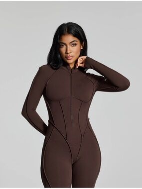 NWT BetterMe BTTRM Full-Length Catsuit Long Sleeve Jumpsuit Chocolate Brown
